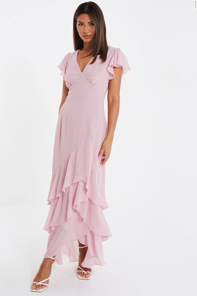 Pink Chiffon Frill Maxi Dress